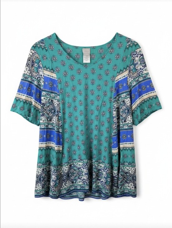 Chico's Tops - Chico's Teal Mandala Print Short Sleeve Top Size 3 XL Mixed Media